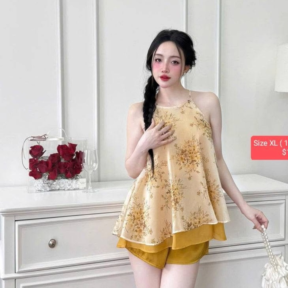 Floral Yellow Sleeveless Top and Shorts Set